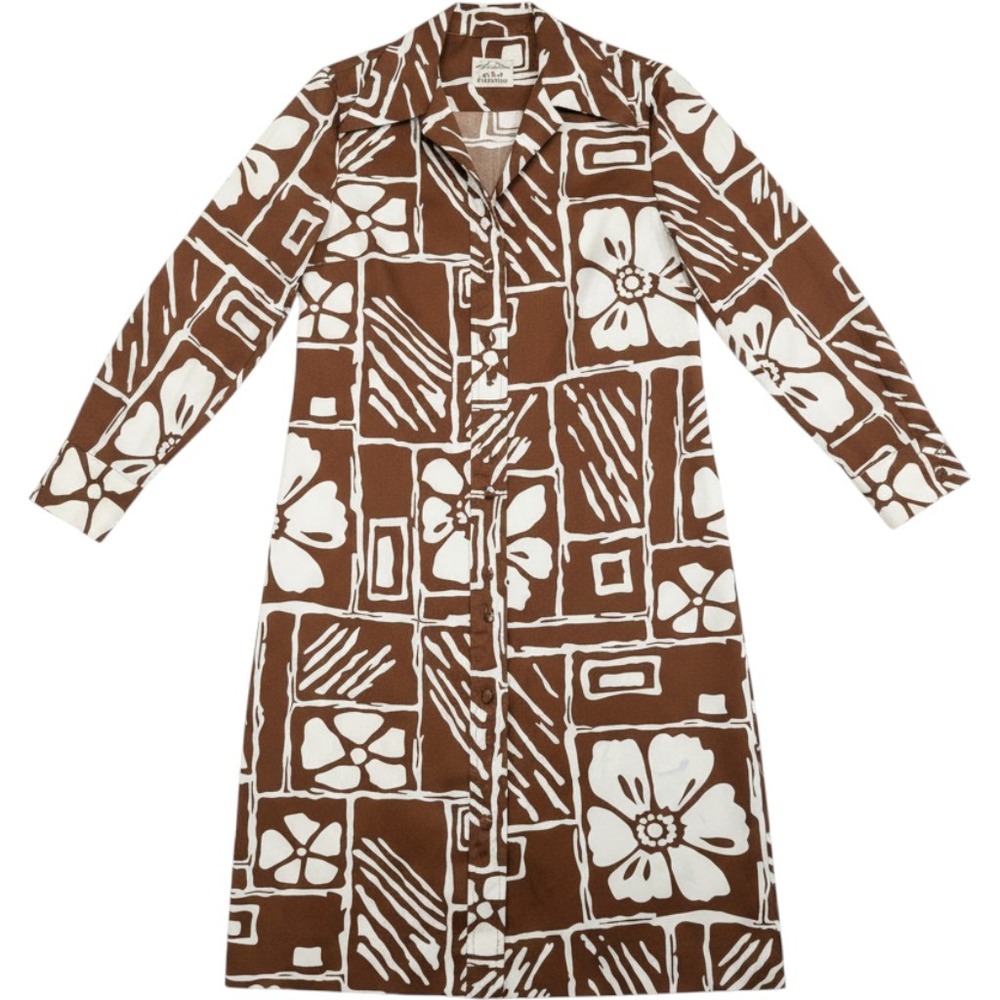 Print Bazaar Vintage 70s Brown White Floral Geometric Button Front Midi Dress M